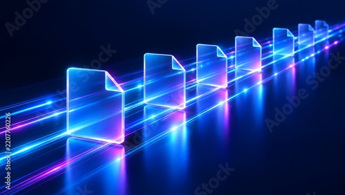 Row of glowing translucent digital document icons moving along neon light tracks representing automated file transfer workflow