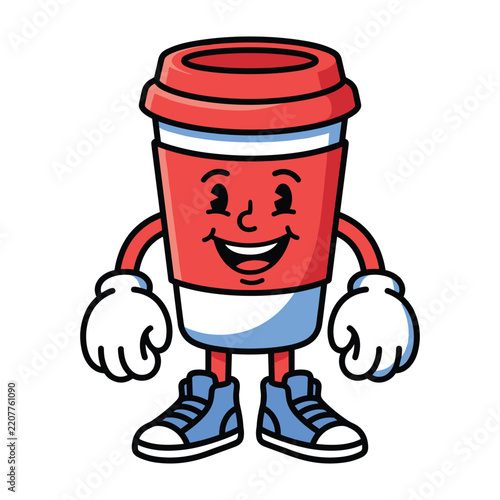 Happy cartoon coffee cup character standing on white background
