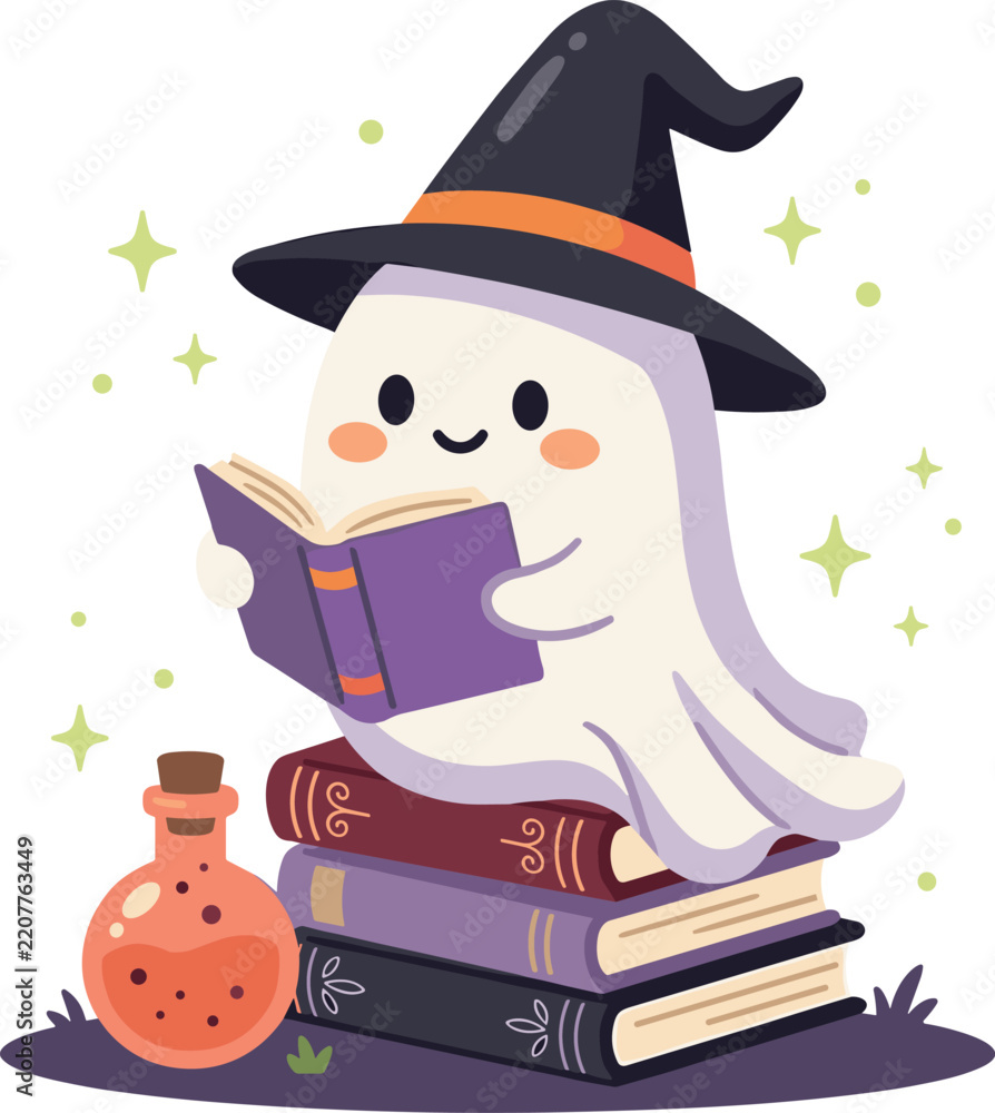 Obraz premium Cute cartoon Halloween ghost wearing witch hat reading magic spell book while sitting on book stack with potion bottle on white background