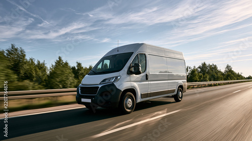 A white delivery van drives on a highway during a sunny day. This image represents express logistics and transport services for commercial business advertising.