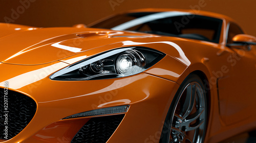 Close-up of a modern orange sports car front headlight with glossy finish. Ideal for luxury automotive marketing and high-performance vehicle advertising campaigns.