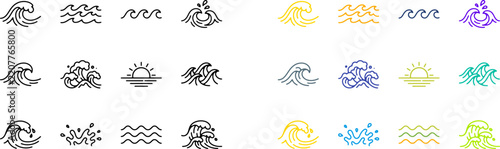 Linear ocean wave icons and nautical weather symbols for marine themed graphic design web interfaces