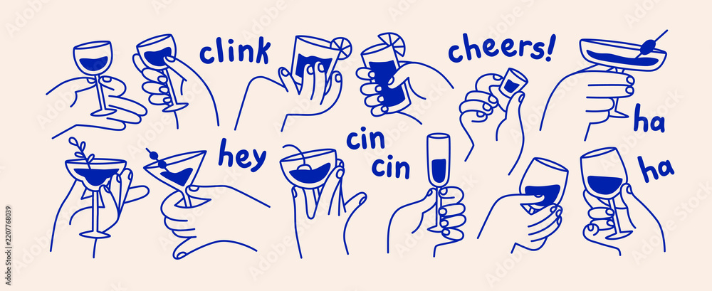 Obraz premium Drinks in hands, cocktail and wine in glasses. Toasts and cheers with alcohol drinks in wine glasses. Hands holding champagne, cocktail, martini beverages, doodle drawing. Isolated vector illustration