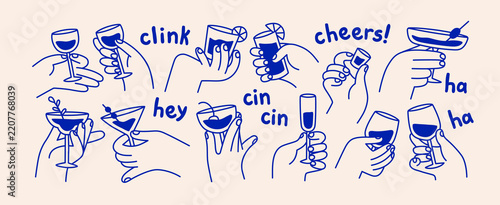 Drinks in hands, cocktail and wine in glasses. Toasts and cheers with alcohol drinks in wine glasses. Hands holding champagne, cocktail, martini beverages, doodle drawing. Isolated vector illustration
