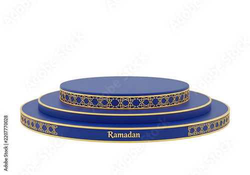 Islamic podium with Ramadan text, gold geometric patterns on navy blue, isolated