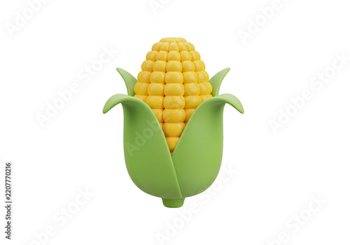 Isolated 3D corn cob with yellow kernels and green husks on white