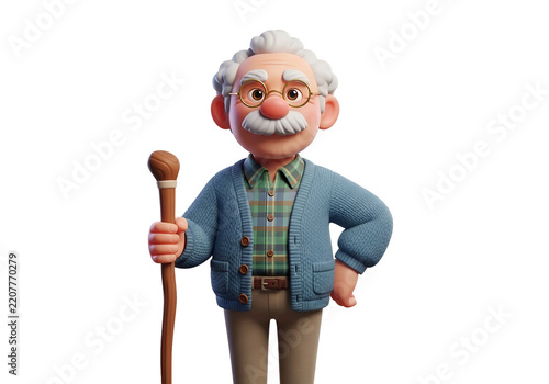 Isolated 3D grandpa character with cane, friendly senior man portrait