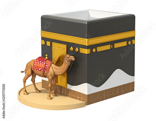 Isolated 3D camel near the Kaaba, Islamic pilgrimage, hajj, umrah