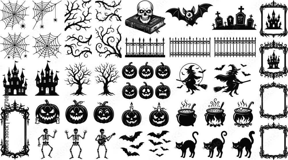 Fototapeta premium Vintage Halloween Silhouette Elements Vector Set, Spooky Black Pumpkin Icons, Gothic Witch Castle Bat Cauldron Clipart Collection