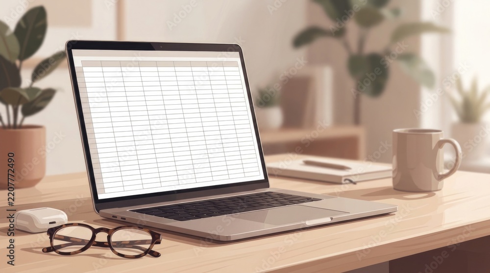 Fototapeta premium Modern laptop with blank financial spreadsheet beside reading glasses and wireless earbuds, personal finance background for online banking, fintech marketing, investment platforms and digital payment