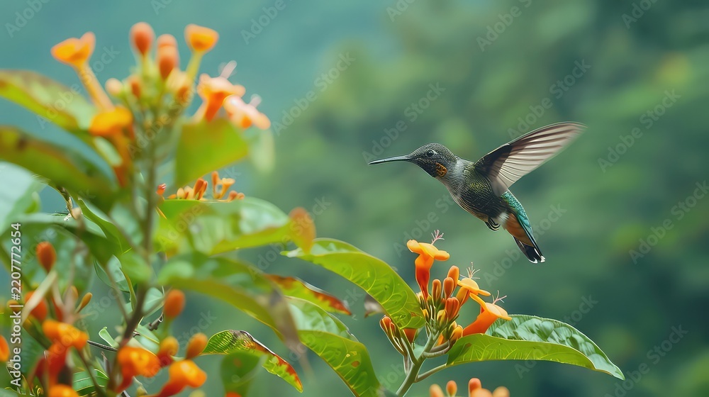 Obraz premium Costa Rica wildlife. Talamanca hummingbird, Eugenes spectabilis, flying next to beautiful orange flower with green forest in the background, Savegre mountains, Costa Rica. Bird fly in nature