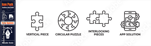 Puzzle icon set showing vertical piece circular interlocking and app solution concepts for problem solving graphic design.