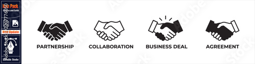 Business handshake icons illustrating partnership collaboration deal and agreement concepts for professional corporate branding.