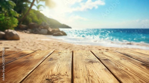 A vibrant summer atmosphere with a wooden table set against a sandy beach.