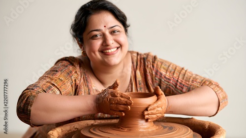 Smiling Indian Woman Potter Shaping Wet Clay Pot on Wheel in Workshop
