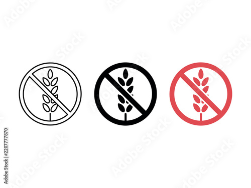 Gluten free vector icon set, no wheat or gluten symbols, wheat grains isolated on white background, vector illustration for food packaging, healthy nutrition, allergy labeling, restaurants, 
