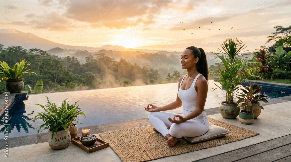 Obraz premium Woman Meditating by Infinity Pool at Sunrise in Tropical Paradise