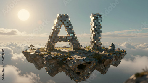 Surreal floating island with AI block sculpture