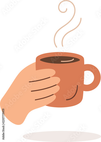 Hand holding a brown mug with hot steaming coffee isolated on white background.