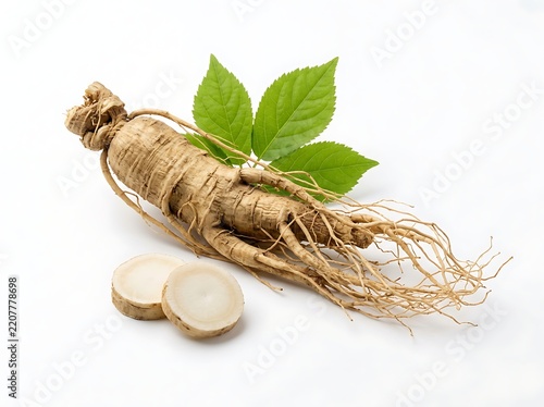 Fresh organic ginseng root with green leaves and sliced pieces isolated on a white background