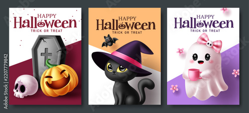 Cute Halloween Greeting Card Poster Clipart Set. Happy Halloween and Trick or Treat typography coquette pumpkin with coffin and skull, black cat wearing witch hat and sweet ghost for Halloween cards