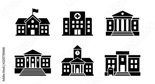 Various public buildings including schools and hospitals are depicted as black icons on a white background.
