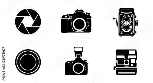 Various camera and lens elements as black icons, suitable for photography themes.
