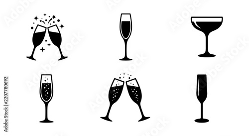 Champagne glasses silhouettes set with clinking flutes and coupe for celebration, logo, and signage