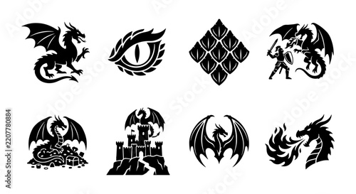 Mythical dragon imagery includes creatures, scales, and a castle for fantasy themes.