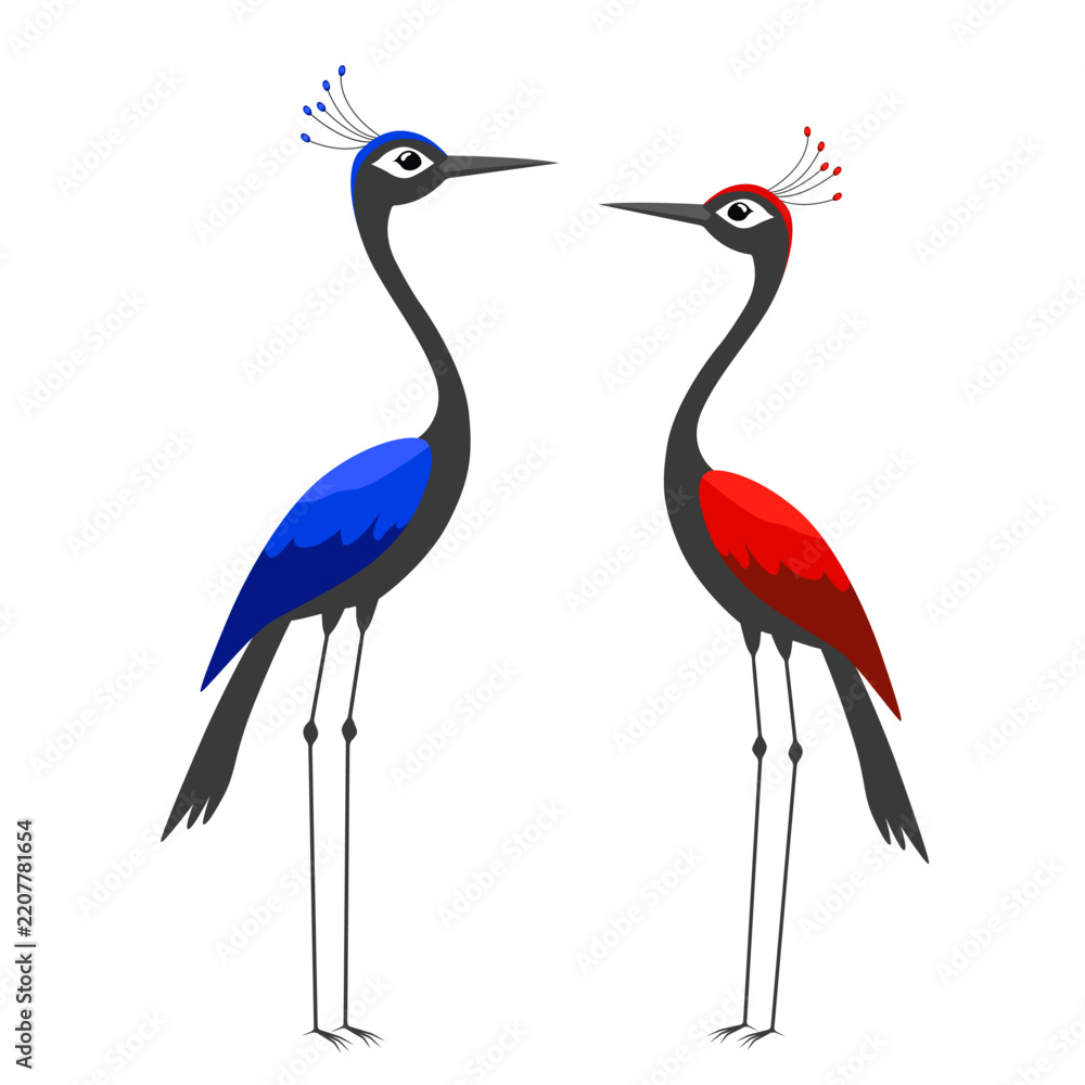 Obraz premium Stylized pair of crane birds vector illustration featuring long-legged black storks, one with vivid blue wings and crest and the other with bright red accents, standing face to face isolated on white 