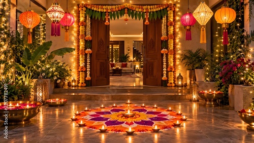 Festive Indian home entrance decorated for Diwali with a glowing rangoli, rows of lit diyas, paper lanterns, marigold garlands and potted plants beside a wooden double door