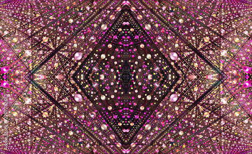 immersive space glowing geometric shapes, lights, and mirrors, geometric shapes floating nearby, abstract cosmic backdrop