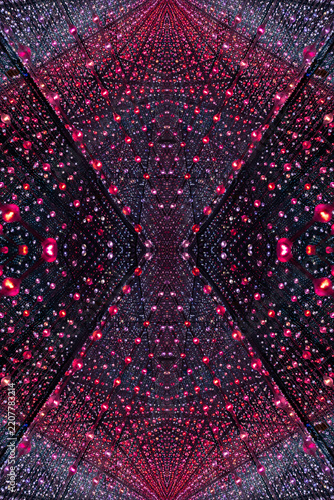immersive space glowing geometric shapes, lights, and mirrors, geometric shapes floating nearby, abstract cosmic backdrop