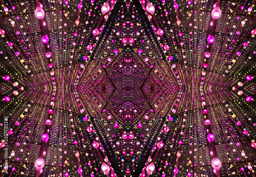immersive space glowing geometric shapes, lights, and mirrors, geometric shapes floating nearby, abstract cosmic backdrop