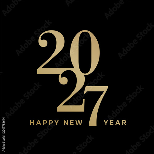 Happy New Year 2027 elegant gold typography emblem isolated on a black background. Vector logo for holiday branding, party invitation, greeting card, calendar, poster, social media post, or promotiona