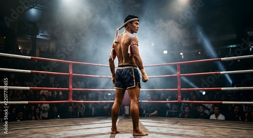 Shirtless man wearing Muay Thai gear in smoky boxing ring
