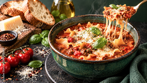 Lasagna Soup with Tomato Sauce, Melted Cheese and Fresh Basil