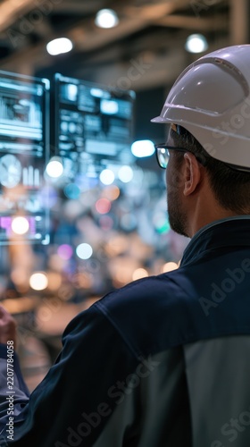 A man in a hard hat and glasses looking at a futuristic holographic display showing data and graphs. The display is glowing with blue light, and the background is blurred.