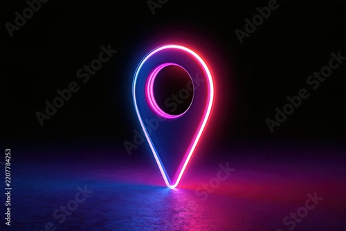 Neon map location pin icon featuring pink and blue gradient light for navigation interface design.
