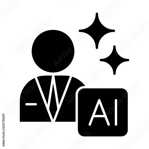 Professional outline person silhouette artificial intelligence computer graphic box sparkles star icons.
