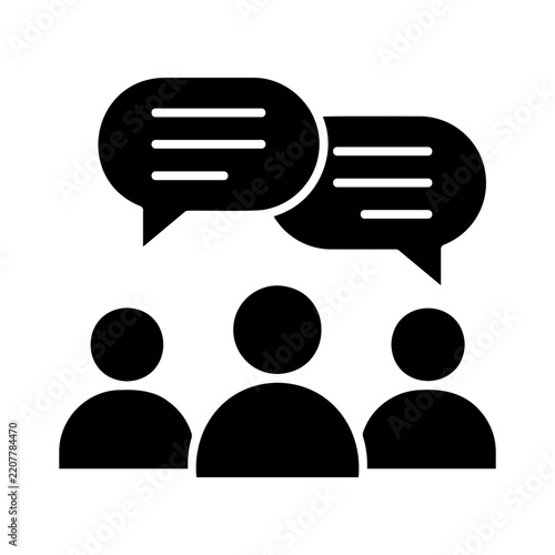 Three stick figures speech bubbles communication group discussion dialogue social interaction icons.