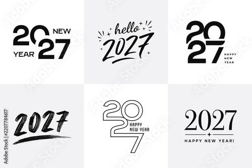 2027 Happy New Year badges and typographic emblems for holiday branding, party card, calendar, poster and promotional designs. Black vector logos on clean background.