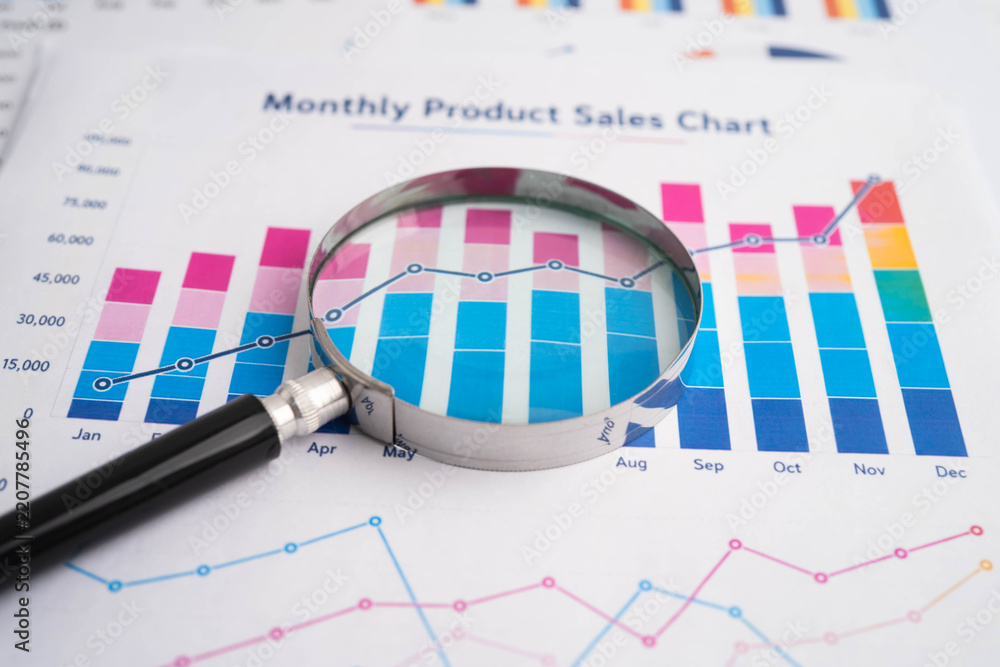 Fototapeta premium Magnifying glass on charts graphs paper. Financial development, Banking Account, Statistic, Investment Analytic research data economy.