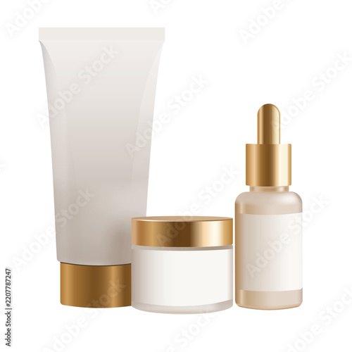 Vector set of three realistic cosmetic containers, including a squeeze tube, a cream jar, and a dropper bottle, all accented with elegant gold caps, perfect for high-end beauty and skincare 