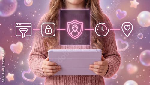 A girl is holding a tablet, with icons representing parental control and online child protection displayed above it.