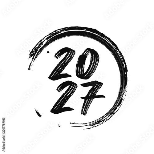 2027 Year typography emblem for holiday branding, greeting card, calendar, or promotional design. Black brush strokes lettering. Vector logo isolated on white background.