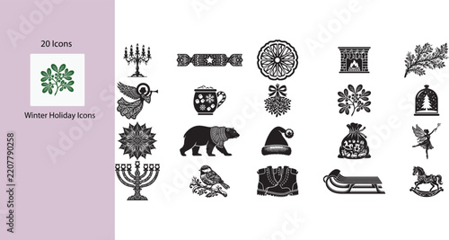 Christmas and Winter Holiday Icons Set, Black Silhouette Vector Elements Collection