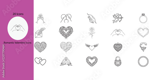 Valentine's Day Love Icons Set, Black Line Art Heart Vector Collection