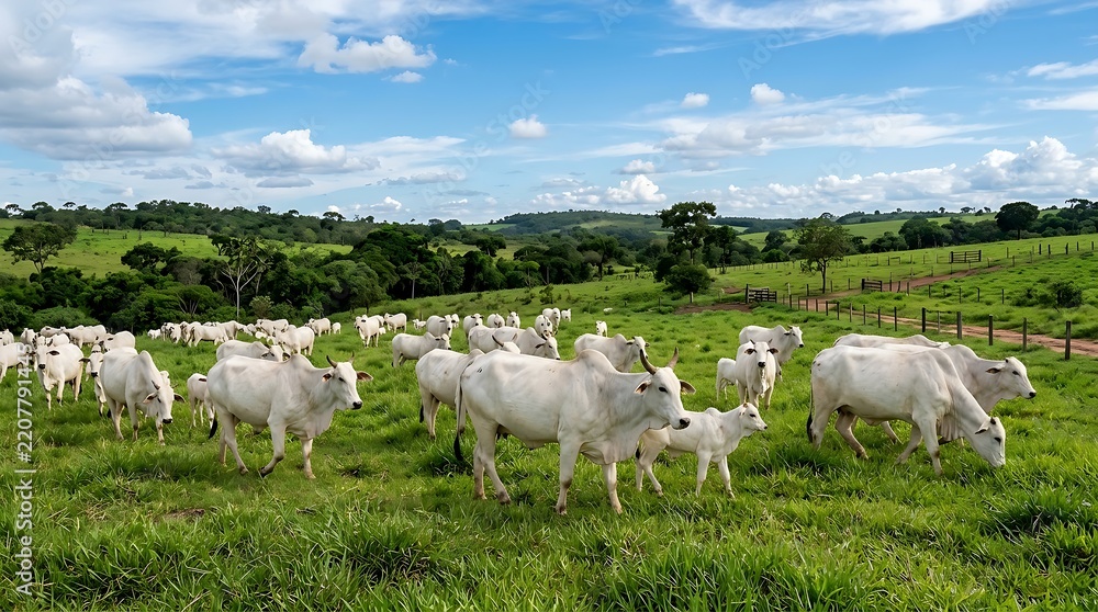 Fototapeta premium Herd of white cattle grazing peacefully on a lush green pasture under a blue sky