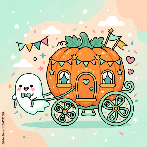 Cute ghost pulling a pumpkin carriage with flags and confetti